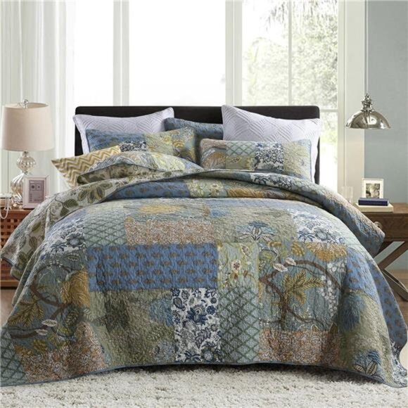 King Size Comforter Set- 100% Cotton Quilt King Size Set, Green, Sage bedspreads - Picture 1 of 7